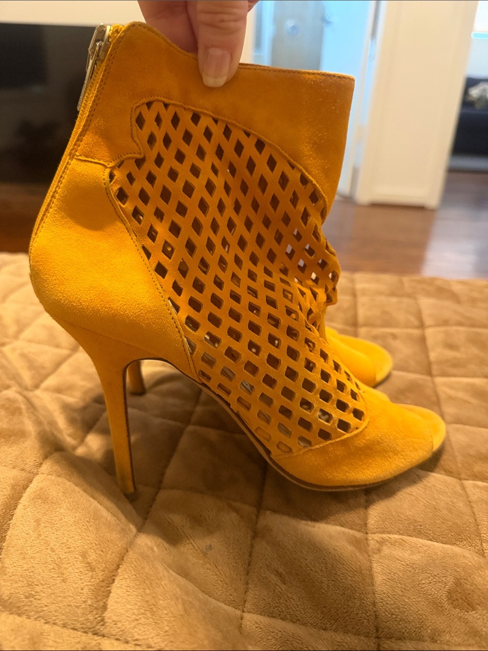 Jimmy Choo Yellow Suede Lattice Stiletto Booties
